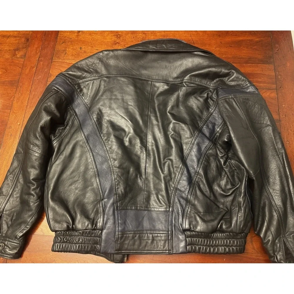 Beyond Leather Classic Bomber Motorcycle Black w/Blue Trim‎ Leather Jacket Large